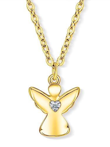 VIASOUL® Halskette Schutzengel mit Herz I Engel-Anhänger-Kette für Mädchen I Kinder-Schmuck I Mit 585er Gold überzogen & Zirkonia-Edelstein (Gold) von VIASOUL