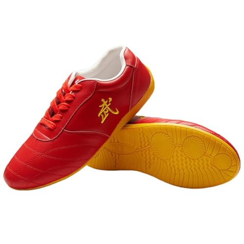 VIBLiSS Damen Leder Martial Arts Schuhe, Mode Tai-Chi Kung Fu Turnschuhe Anti-Rutsch Walking Sport Fitness Schuhe Mit Chinesischem Charakter,Red b,41 EU von VIBLiSS