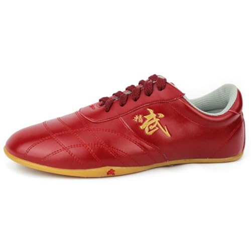 VIBLiSS Damen Leder Martial Arts Schuhe, Mode Tai-Chi Kung Fu Turnschuhe Anti-Rutsch Walking Sport Fitness Schuhe Mit Chinesischem Charakter,Rot,40 EU von VIBLiSS