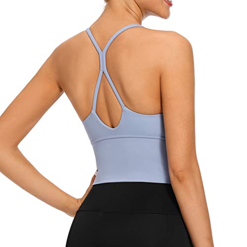 VIBOJOY Longline Sport-BHs, gepolstert, für Workout, Laufen, Tank, Crop-Tops, Yoga, Fitnessstudio, Fitness, Sportbekleidung für Damen, Blau, small von VIBOJOY