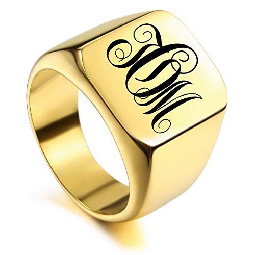 VIBOOS Benutzerdefinierte gravierte Initiale Monogram Signet Ring für Männer Frauen Jungen Herren Ringe Edelstahl, Bündel mit Ringgrößeneinstellern (Gold Farbe) von VIBOOS
