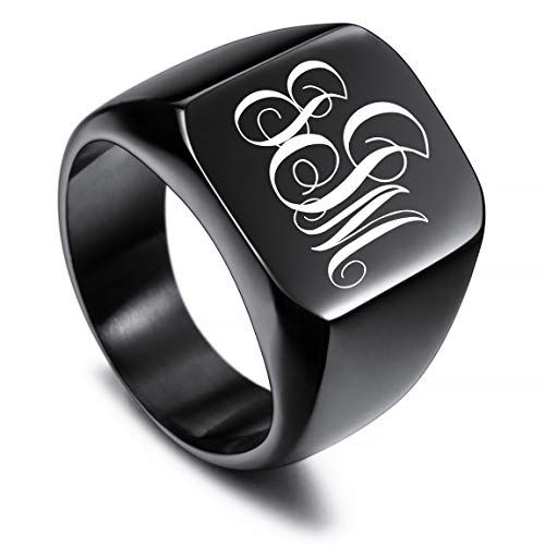 VIBOOS Benutzerdefinierte gravierte Initiale Monogram Signet Ring für Männer Frauen Jungen Herren Ringe Edelstahl, Bündel mit Ringgrößeneinstellern (Schwarze Farbe) von VIBOOS