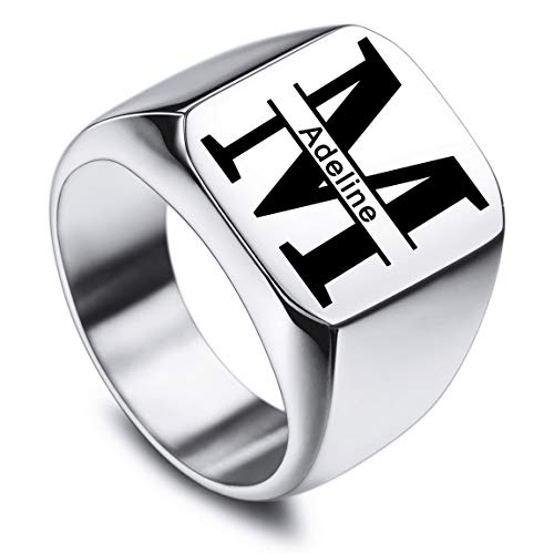 VIBOOS Benutzerdefinierte gravierte Initiale Monogram Signet Ring für Männer Frauen Jungen Herren Ringe Edelstahl, Bündel mit Ringgrößeneinstellern (Silberne Farbe) von VIBOOS