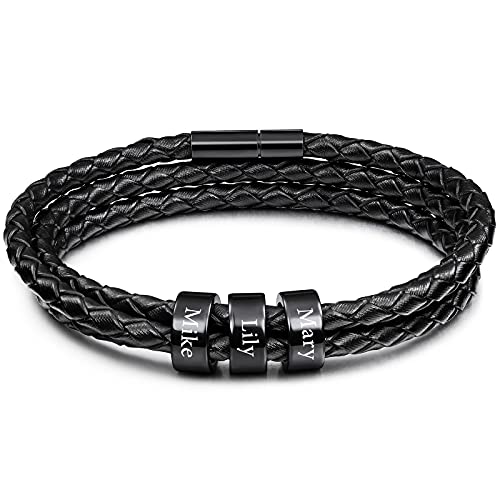 VIBOOS Personalisierte Armbänder Gravur 2-6 Namen Benutzerdefinierte Identifikations-ID für Männer Frauen Jungen Echtleder Edelstahl Perlen Geflochtene Manschette Bester Freund Geschenke von VIBOOS