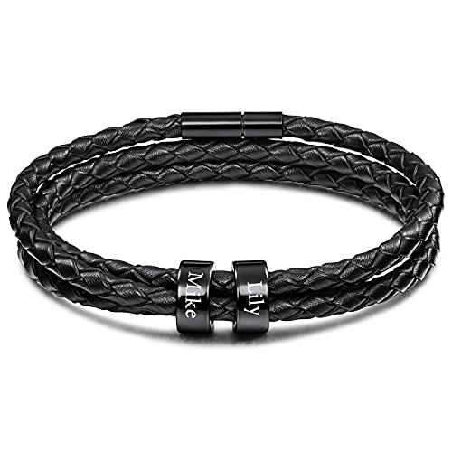 VIBOOS Personalisierte Armbänder Gravur 2-6 Namen Benutzerdefinierte Identifikations-ID für Männer Frauen Jungen Echtleder Edelstahl Perlen Geflochtene Manschette Bester Freund Geschenke von VIBOOS