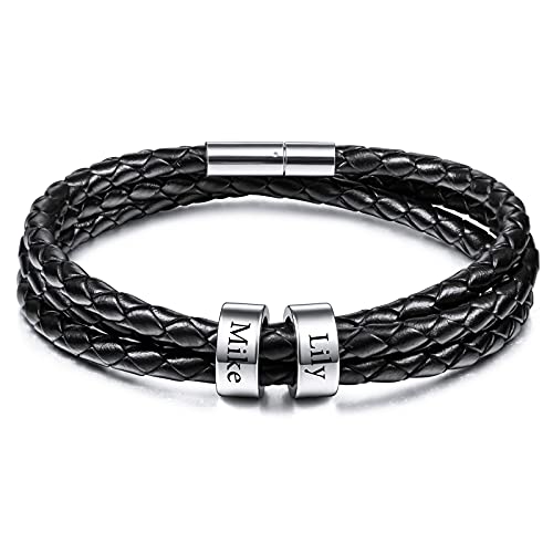 VIBOOS Personalisierte Armbänder Gravur 2-6 Namen Benutzerdefinierte Identifikations-ID für Männer Frauen Jungen Echtleder Edelstahl Perlen Geflochtene Manschette Bester Freund Geschenke von VIBOOS