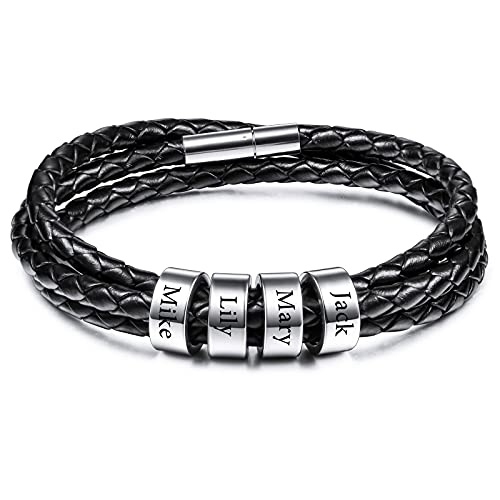 VIBOOS Personalisierte Armbänder Gravur 2-6 Namen Benutzerdefinierte Identifikations-ID für Männer Frauen Jungen Echtleder Edelstahl Perlen Geflochtene Manschette Bester Freund Geschenke von VIBOOS