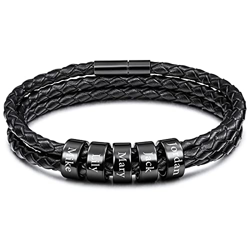 VIBOOS Personalisierte Armbänder Gravur 2-6 Namen Benutzerdefinierte Identifikations-ID für Männer Frauen Jungen Echtleder Edelstahl Perlen Geflochtene Manschette Bester Freund Geschenke von VIBOOS