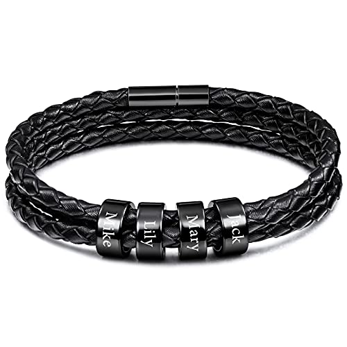 VIBOOS Personalisierte Armbänder Gravur 2-6 Namen Benutzerdefinierte Identifikations-ID für Männer Frauen Jungen Echtleder Edelstahl Perlen Geflochtene Manschette Bester Freund Geschenke von VIBOOS