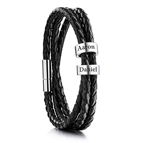 VIBOOS Personalisierte Armbänder Gravur 2-6 Namen Identifikation für Frauen Männer Echtes Leder 925 Sterling Silber Perlen Geflochtene Manschette Brautjungfer Geschenke (2 Perlen) von VIBOOS