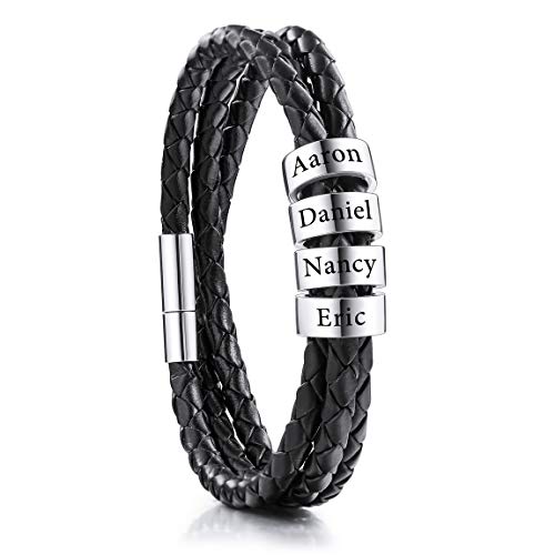 VIBOOS Personalisierte Armbänder Gravur 2-6 Namen Identifikation für Frauen Männer Echtes Leder 925 Sterling Silber Perlen Geflochtene Manschette Brautjungfer Geschenke (4 Perlen) von VIBOOS