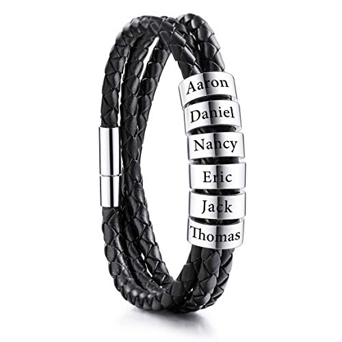 VIBOOS Personalisierte Armbänder Gravur 2-6 Namen Identifikation für Frauen Männer Echtes Leder 925 Sterling Silber Perlen Geflochtene Manschette Brautjungfer Geschenke (6 Perlen) von VIBOOS