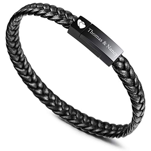 VIBOOS Personalisierte Armbänder Gravur Name Angepasst für Frauen Mädchen Echtes Leder Edelstahl Geflochtene Manschette Brautjungfer Geschenke Bester Freund (Schwarzer Gürtel + Gold Etikett) von VIBOOS