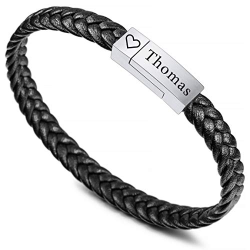 VIBOOS Personalisierte Armbänder Gravur Name Angepasst für Frauen Mädchen Echtes Leder Edelstahl Geflochtene Manschette Brautjungfer Geschenke Bester Freund (Schwarzer Gürtel + Silber Etikett) von VIBOOS