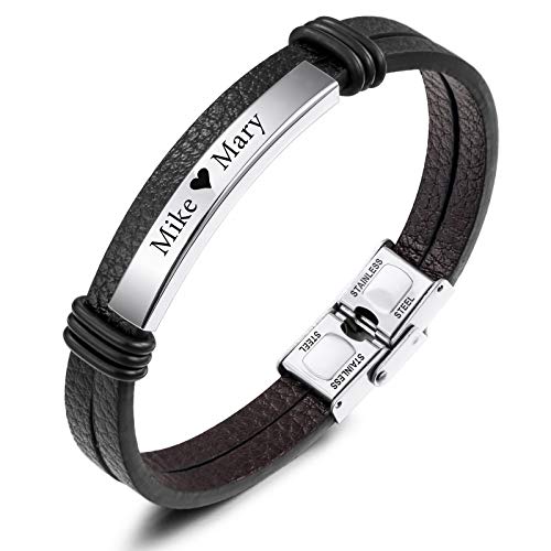 VIBOOS Personalisierte Armbänder für Männer Jungen Frauen Gravur Name Datum Benutzerdefinierte Identifizierung Armreif Echtes Leder Edelstahl Etikett Geflochtene Schmuck Vatergeschenke des Vaters von VIBOOS