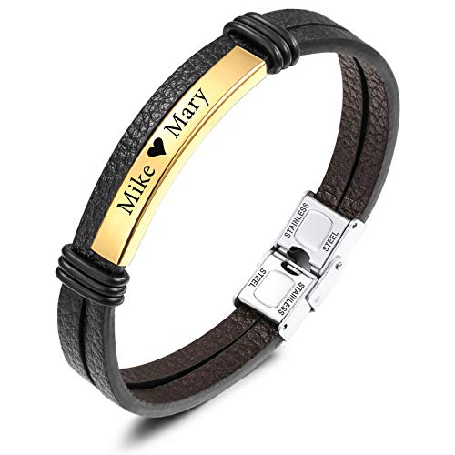 VIBOOS Personalisierte Armbänder für Männer Jungen Frauen Gravur Name Datum Benutzerdefinierte Identifizierung Armreif Echtes Leder Edelstahl Etikett Geflochtene Schmuck Vatergeschenke des Vaters von VIBOOS