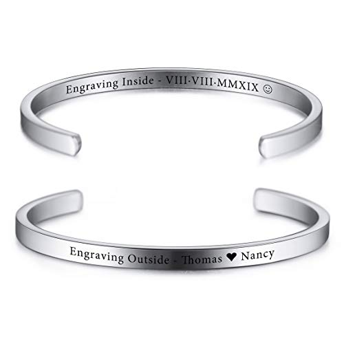 VIBOOS Personalisierte Armband Gravur Name Datum Identifizierung Armreif für Frauen Männer Benutzerdefinierte Edelstahl Verstellbare Inspirierende Manschette Geburtstag Schmuck von VIBOOS