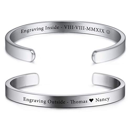 VIBOOS Personalisierte Armband Gravur Name Datum Identifizierung Armreif für Frauen Männer Benutzerdefinierte Edelstahl Verstellbare Inspirierende Manschette Geburtstag Schmuck von VIBOOS