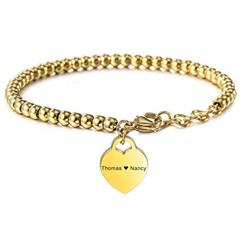VIBOOS Personalisierte Armband Gravur Namen für Frauen Mädchen Edelstahl Verstellbare Knöchelperle Link mit Herz Brautjungfer Geschenke Bester Freund Armbänder Angepasst (Gold Farbe) von VIBOOS