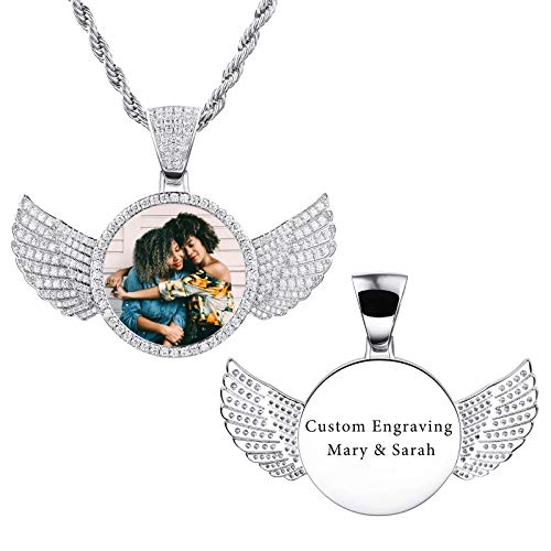 VIBOOS Personalisierte Hip Hop Memory Anhänger Halskette Gravur Bild Text für Männer Frauen Benutzerdefinierte Foto Kupfer Engel Flügel Herz & Runde Medaille Seil Kette Schmuck Souvenir Geschenk von VIBOOS