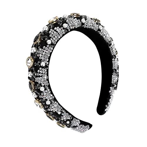 VICASKY 1 Stück Stirnband Aus Kristallperlen Stirnbänder Juwelenbesetzt Hochzeit Stirnband Kopfbedeckung Für Frauen Erwachsene Haarband Strass-kopfschmuck Breit Goldener Samt Schwarz von VICASKY