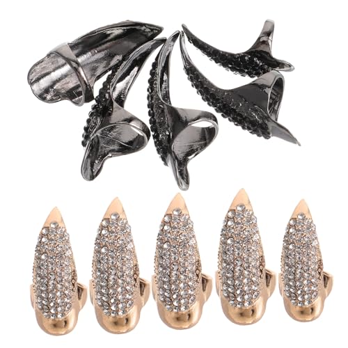 VICASKY 10 Stück Teiliges Gothic Fingerring mit Vintage Goldenen und Schwarzen Klauen Cosplay Fingernagelringe Schmuck für Halloween Party und Besondere Anlässe Stylische Fingertip von VICASKY