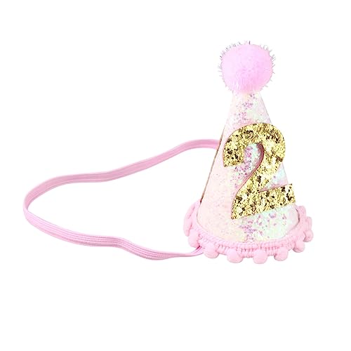 VICASKY 1Stk Geburtstagsmütze 2 rosa Haube Stirnband Haarschmuck für Babys Glitzer-Geburtstagsmütze für Babys Plüschball-Geburtstagsmütze Prinzessin Hut konische Kappe von VICASKY