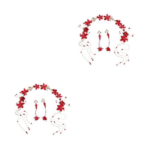 VICASKY 2 Sätze Rotes Braut Stirnband mit Perlen und Blumen Eleganter Haarschmuck für Damen Rutschfeste Hochzeitsfrisur Ohrringe Stilvolles Accessoire für Braut und Festlichkeiten von VICASKY