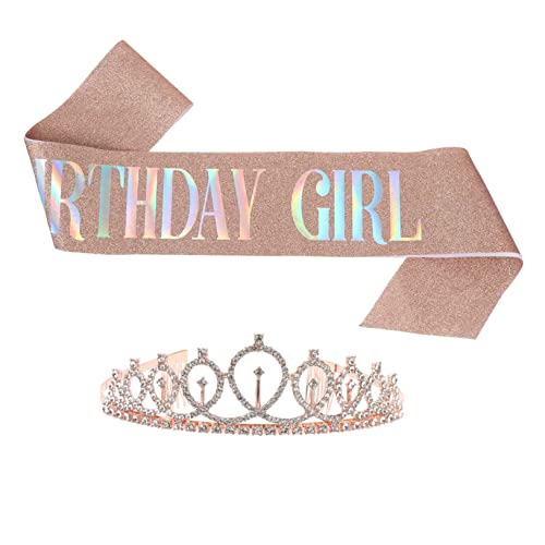VICASKY 2stücke Teiliges Krone Haarschmuck Geburtstags-schärpe Für Mädchen Glitzernde Geburtstagsdekoration Für Partyzubehör Fotokabine Rosa Krone Und Sash Mit Strass von VICASKY