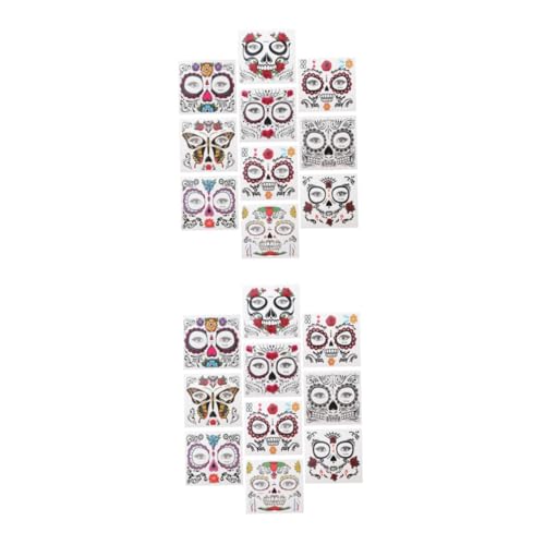 VICASKY 20 Blatt Halloween Totenkopf Gesicht Aufkleber Temporäre Tattoos Körperkunst für Party Kostüm Festival Anwendung Einfache Anwendung Zufällige Designs Hautfreundlich von VICASKY