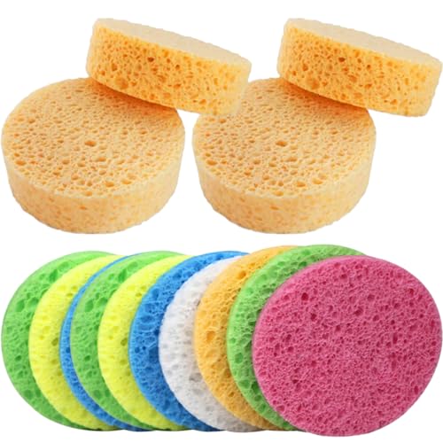VICASKY 25 Stück Gesichtsreinigungsschwämme aus Zellulose Runde Makeup Entferner Pads für Sanfte Gesichtsreinigung und Hautpflege für Empfindliche Haut und Make Up Zufällige Farbe von VICASKY