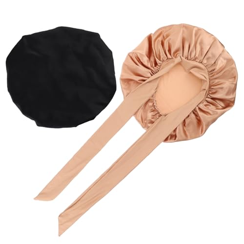 VICASKY 2stücke Satin Schlafhaube Für Damen Elastische Haarschutz-mütze Zum Schlafen Für Lockige Frisuren Bequem Und Langlebig Für Nächte Haarschäden in Schwarz Und Gold von VICASKY
