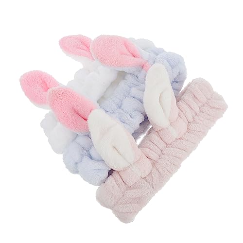 VICASKY 3 Stück Elastisches Bunny Ear Haarband für Gesichtswäsche und Make Up Weiche Fleece Stirnbänder zum Abschminken Praktisch für Hautpflege und Beauty Routine Farben von VICASKY