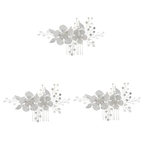 VICASKY 3 Stück Eleganter Braut Haarkamm mit Strassblumen und Perlen Silberfarbener Hochzeitsschmuck Stabiler Haarkamm für Damen und Mädchen Geeignet für Braut und Brautjungfern von VICASKY