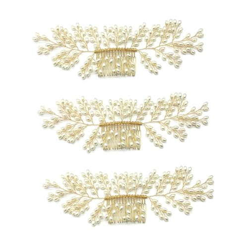 VICASKY 3 Stück Handgefertigter Braut Haarkamm Gold mit Perlen Eleganter Kopfschmuck für Hochzeiten Feiner Schmuck aus Kupferdraht Vielseitiger Haarschmuck für Damen Perfektes Accessoire von VICASKY