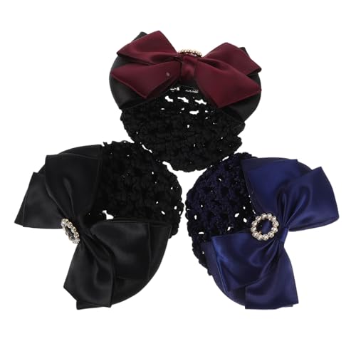 VICASKY 3 Stück Professionelles Haarnetz mit Grobem Mesh und Strass schleife Elastisch Sichere Anpassung in Blau Burgund Schwarz Haarschmuck für Damen im Beruf für und Styling von VICASKY