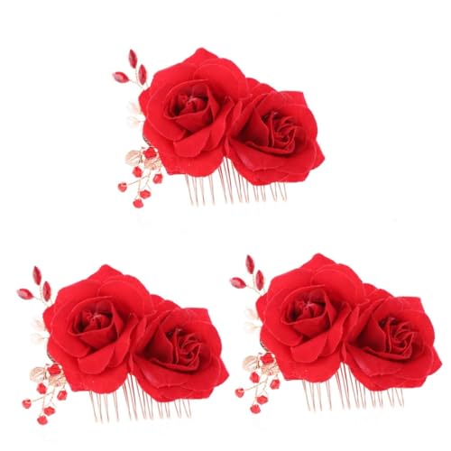 VICASKY 3 Stück Roter Rosen Haarkamm Brautschmuck Eleganter Kopfschmuck für Hochzeit und Festliche Anlässe Modisches Haarschmuck Accessoire für Damen und Braut von VICASKY