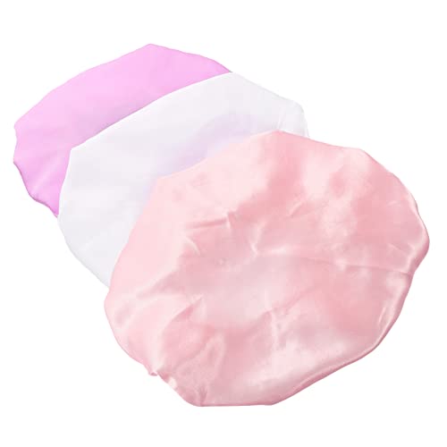 VICASKY 3 Stück Teiliges Satin Elastische Duschhauben Weiß Rosa Lila Atmungsaktive Weiche Badehauben für Junge Mädchen Bequeme Haarhauben für Gesunden Haarschutz von VICASKY