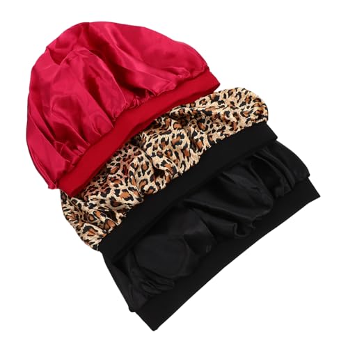 VICASKY 3 Stück Teiliges Satin Haarbonnet mit Breitem Rand Komfortable Schlafhaube für Damen Chemokappe oder Duschhaube Leopard und Weinrot und Stilvolles Schlafen von VICASKY