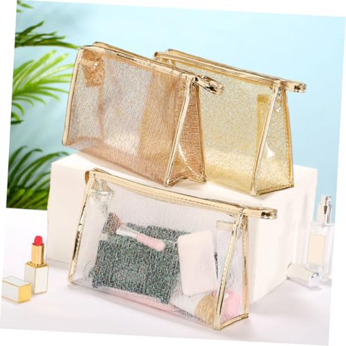 VICASKY 3 Stück Teiliges Transparentes TPU Kosmetiktaschen mit Reißverschluss Multifunktionale Schminktaschen in Weiß Kaffee Goldfaden Tragbare Kulturbeutel für Damen Reise und Alltag von VICASKY