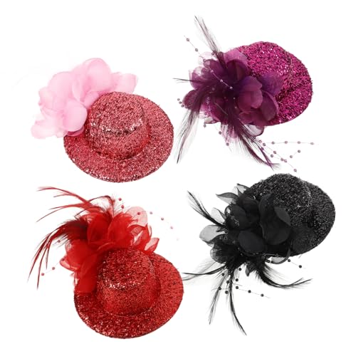 VICASKY 4 Stück Fascinator Haarclip Teilig mit Federhaarschmuck Vintage Top Hat Design Steampunk Damen Kopfbedeckung für Retro Kostüm Karneval Party und Cosplay Rot Schwarz von VICASKY
