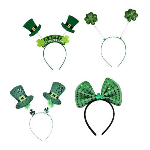 VICASKY 4 Stück Festliche Haarreifen für Patrick's Day Grünes Kopfschmuck Set mit Kleeblatt Design Glitzerhut und Schleifen für Partys und Kostüme von VICASKY