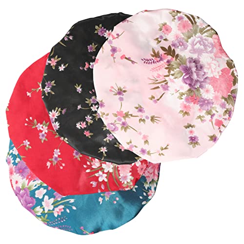 VICASKY 4 Stück Satin für Damen Komfortable Haarhauben mit Elastischem Band für Schlafen Duschen Make Up und Schwarz Rosa Blau von VICASKY