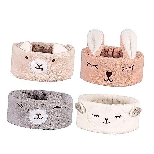 VICASKY Elastische Spa Stirnbänder Für Mädchen 4 Stück Plüsch Gesichtswasch Stirnbänder Weiche Cartoon Kopfbedeckungen Für Make up Und Pflege Niedliches Haarband in Beige Grau Rosa von VICASKY