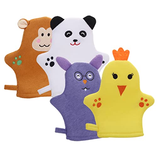 VICASKY 4Stücke Bad Handschuhe Hautfreundliche Peeling Handschuhe für Sanfte Körperreinigung und Massage für Junge Mädchen und Kleinkinder mit Tierischen Motiven Bär Huhn von VICASKY