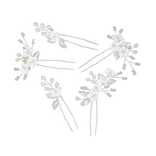 VICASKY 5 Stück Teiliges Haarnadel Weißen Soft blumen und Silberfarbenen Metallblättern U förmige Braut haarnadeln für Frauen Stabile Hochzeitsschmuck Vielseitig für Festlichkeiten und von VICASKY