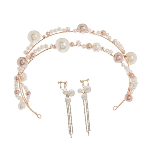 VICASKY Braut Perlen Haarreif und Ohrclip Set Damen Leichtes Bequemes Schmuck set für Hochzeit Party mit Rundperlen Handgefertigt Elegant Kaffee Braun von VICASKY