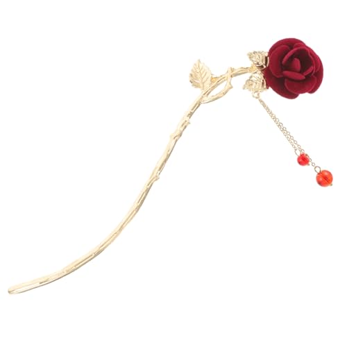 VICASKY Chinesischer Haarschmuck Rosenblüte Haarstab für Dutt Eleganter Metall Haarstab mit Roter Rosenblüten Design Haarnadel für Hanfu Hochzeit Abendkleid Damen Frisur Accessoire von VICASKY