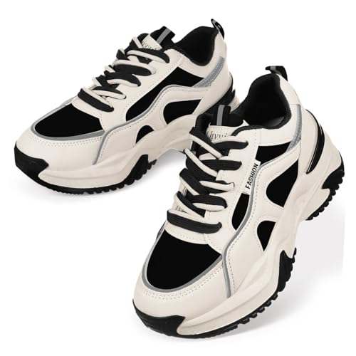 VICASKY Damen Ledersneaker Sportschuhe Atmungsaktiv Strapazierfähig Komfortabel Für Alltag Fitness Wandern Tennis Schuhe Schwarz von VICASKY