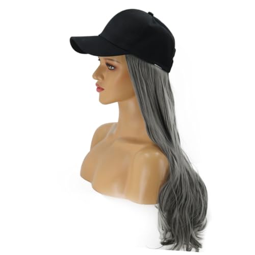 VICASKY Damen Perücke mit Einteiligem Mützen Design Lange Lockige Graue Haare Modisches Haarteil mit Casual Mütze Hitzebeständige Synthetische Fasern Vielseitig für Partys und Alltag von VICASKY